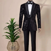 Shining Sequins Men Suits Tuxedo Slim Fit Notched Lapel One Button Blazer with Pants 2 Pcs Tailored Groom Wedding Party Jacket